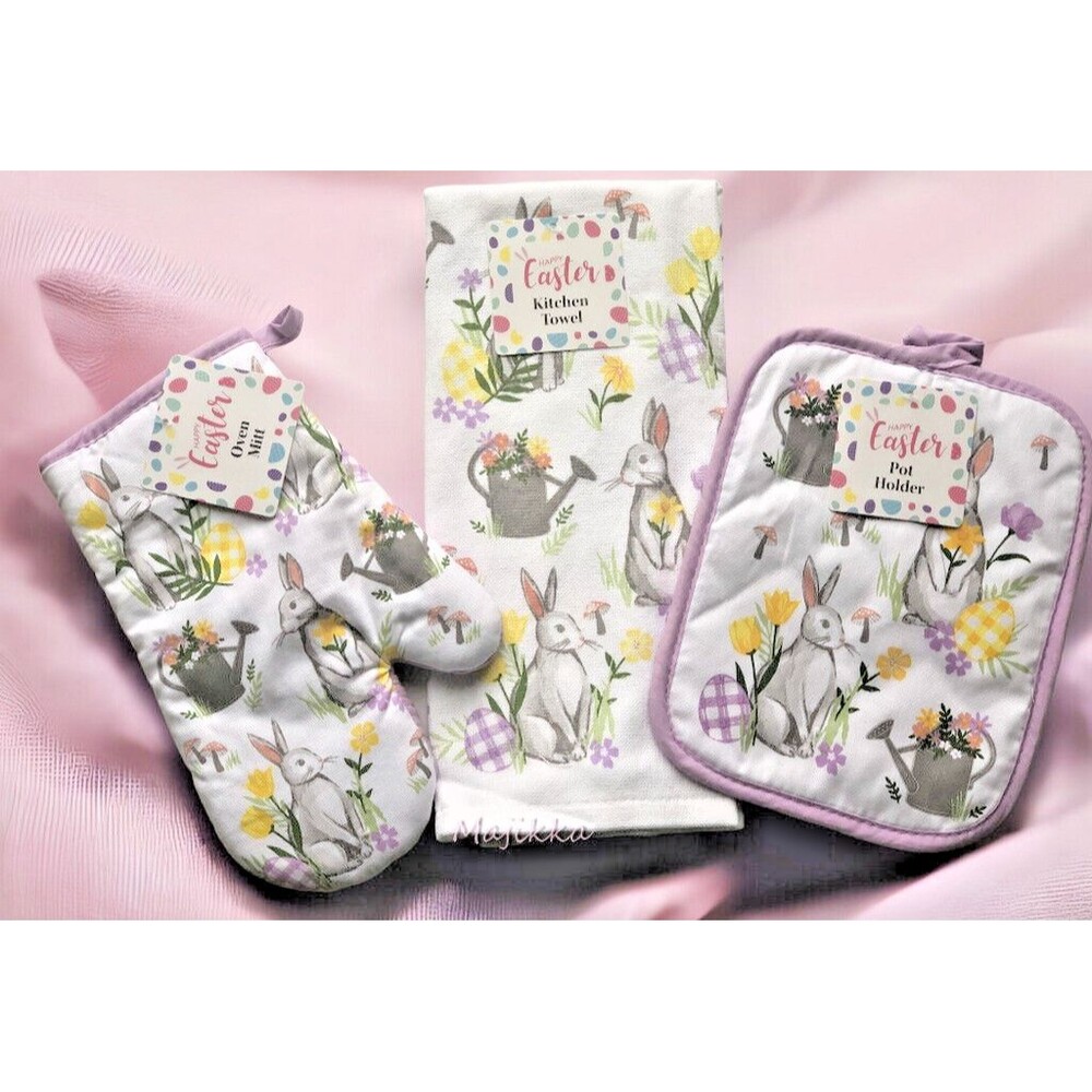Easter Kitchen Dish Towel Potholder Oven Mitt Bunny Peter Cottontail Set of 3